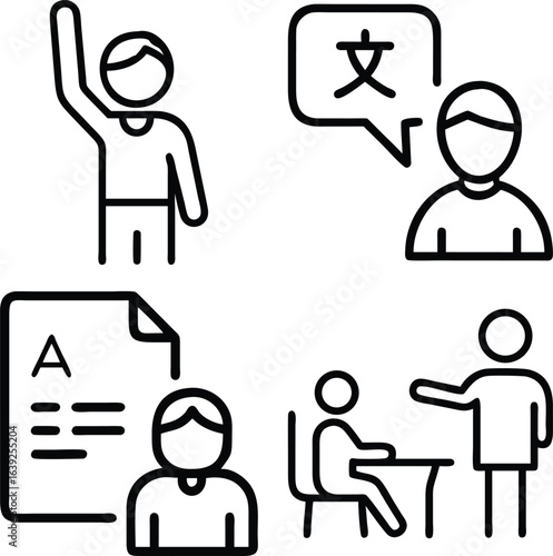 A collection of four simple line art icons depicting various educational and language learning scenarios, including participation, communication, assessment, and instruction.