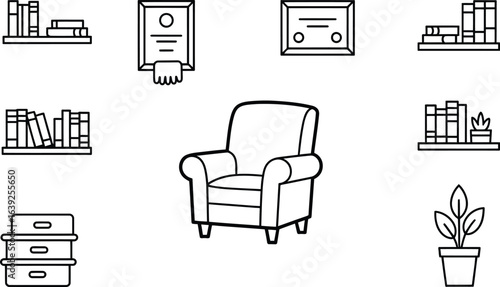 Collection of home and study icons in outline style Keywords: bookshelf, armchair, certificate