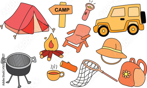 PrintColorful Vector Illustration of Camping Equipment and Outdoor Adventure Gear for Travel, Hiking, and Nature Exploration Designs