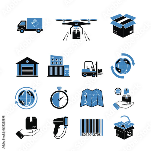 Collection of icons representing logistics, delivery, and transportation processes, showcasing various methods.