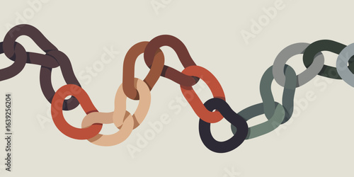 A wavy chain illustration featuring links in various shades of brown, gray, and orange on a light background