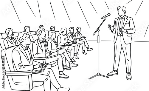 Speaker presenting to an audience in a conference room Keywords: presentation, speaker, audience