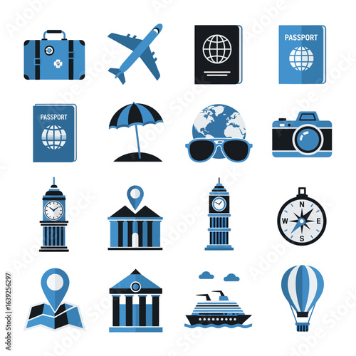 Collection of travel-themed icons, including luggage, airplane, passports, and landmarks.