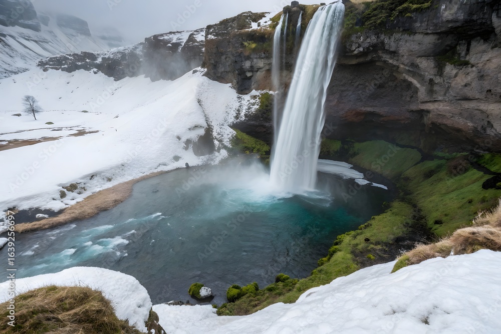 Obraz premium Majestic seljalandsfoss waterfall in iceland during winter with snow