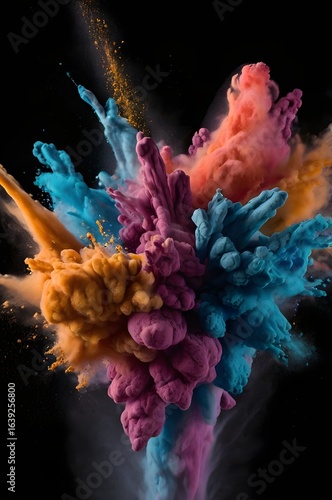 High-speed capture of multicolored powder explosion frozen in mid-air, clean black background, vivid pigments blending, no people,Generative Ai
