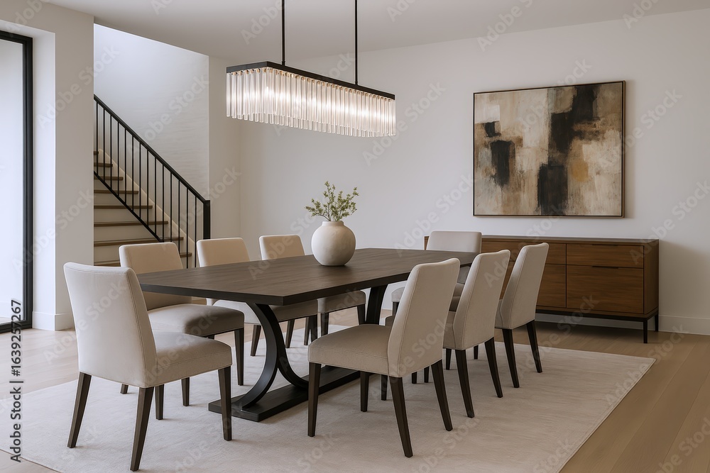 Fototapeta premium Elegant Dining Room Ensemble Featuring a Dark Wood Table, Upholstered Chairs, and Modern Chandelier