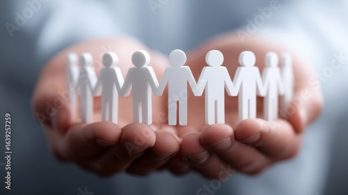 Hands holding paper figures representing community and support in a collaborative effort for social unity