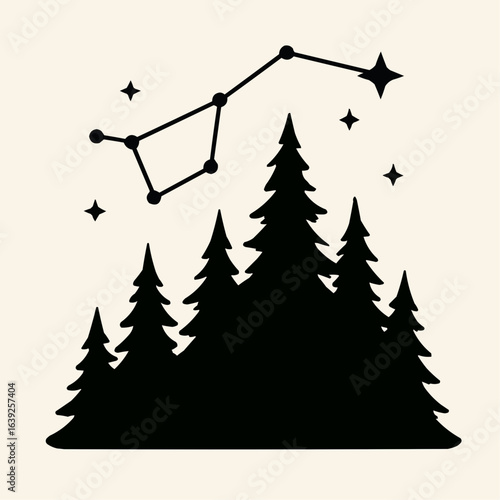 Celestial Forest Silhouette: A serene illustration showcasing the constellation Ursa Major gracefully arched over a row of silhouetted pine trees.