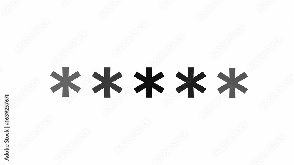 Five Asterisk Symbols in Grayscale on a White Background Representing Password Security and Data Protection Five Asterisk Symbols in Grayscale on a White Background Representing Password Security and Data Protection