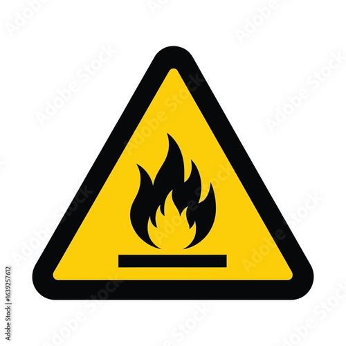 Caution flammable hazard triangle sign signals danger with bold yellow and black design for workplace safety and regulatory compliance needs