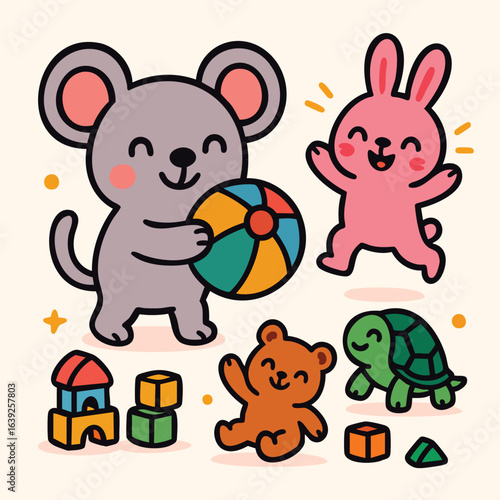 Cute cartoon animals playing with toys, mouse, bunny, bear, and turtle illustration, vector art