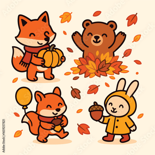 Cute cartoon animals in autumn, fox, bear, squirrel, and bunny with fall leaves, vector illustration
