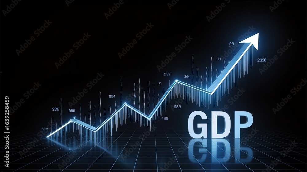 Fototapeta premium Economic Ascent: A dynamic illustration of an upward-trending line representing GDP growth, visualized with a rising arrow against a dark background, symbolizing financial prosperity.