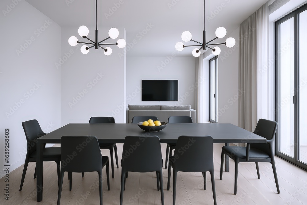 Modern Dining Room with Black Furniture, Geometric Chandeliers, and Natural Light from Large Windows Modern Dining Room with Black Furniture, Geometric Chandeliers, and Natural Light from Large Windows