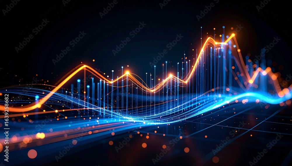 Obraz premium Digital Financial Wave: A captivating abstract digital visualization of financial data, depicting dynamic wave patterns in glowing orange and blue hues.
