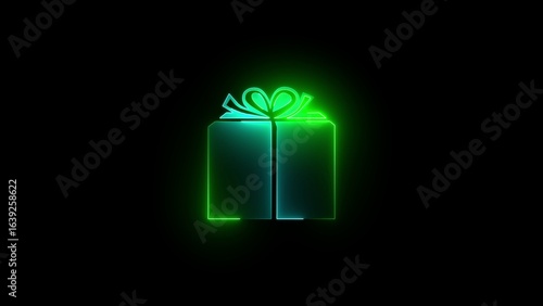 Glowing neon gift box illustration in shades of green and teal with a bow on a black background
