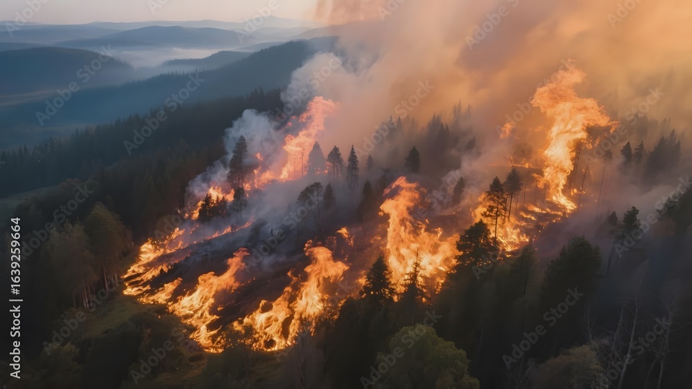 Fototapeta premium Intense Forest Fire Burning Across a Mountainous Landscape