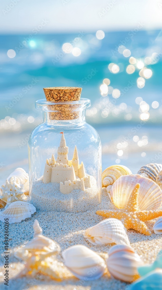Obraz premium A whimsical sandcastle in a bottle, with seashells on the beach, sparkling in the sun.