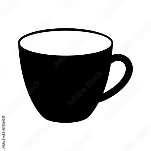 Silhouette of a coffee cup with slightly tilted handle on white background minimal beverage icon  