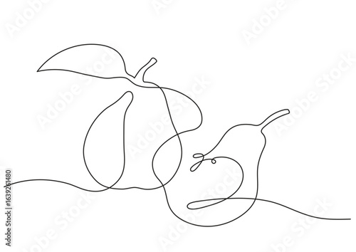 Two graphic simplified pears with leaf in one line in vector