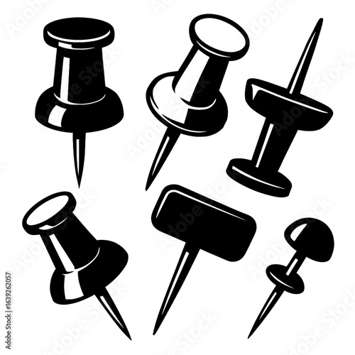 A black and white graphic illustration of a collection of different push pins