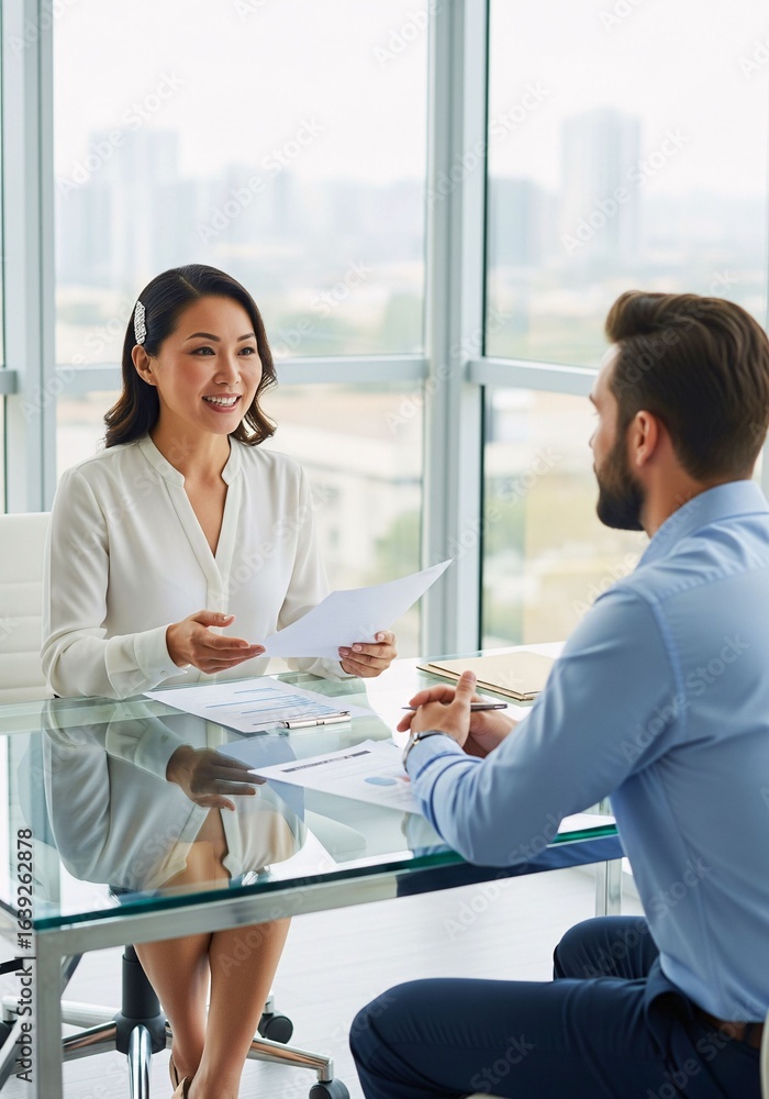 Obraz premium Business Interview: Two professionals, engaged in a focused dialogue at a modern office, one holding documents, representing a crucial moment of career or opportunity. 