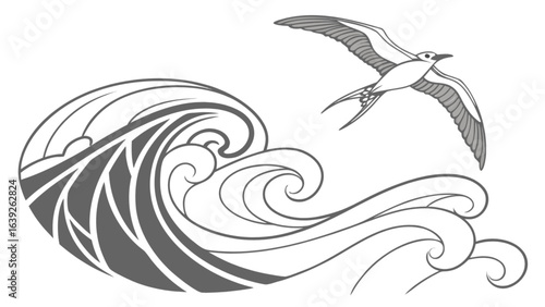 Ocean wave and bird vector illustration sea ocean nature wildlife animal drawing graphic design beach art 100