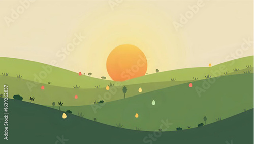 Vector illustration of serene minimalist landscape sunrise or sunset over rolling green hills with grass and trees, flat lay style - summer and nature background concept