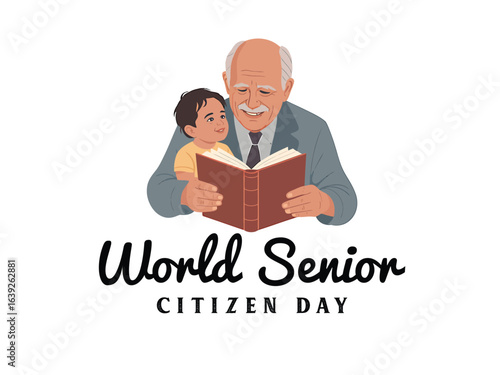 Grandpa reading to grandson surrounded by books birthday, World Senior Citizen Day