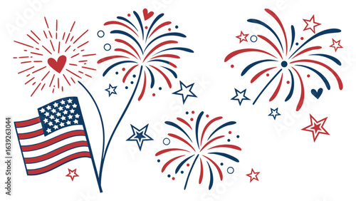 Fourth of july celebration with american flag fireworks and stars patriotic independence day vector illustration