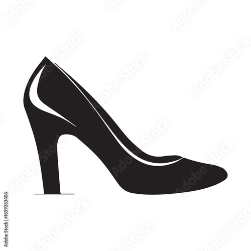 Illustration of a high heeled shoe in black with a curved design and a thick heel on a white background