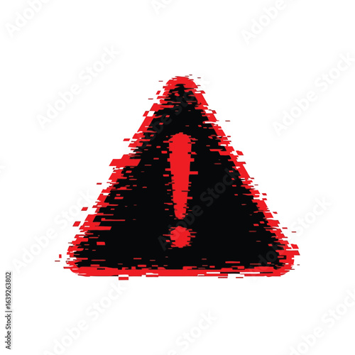 Urgent warning sign with glitch effect, bold alert for cybersecurity risks and system errors, attention needed for critical issues