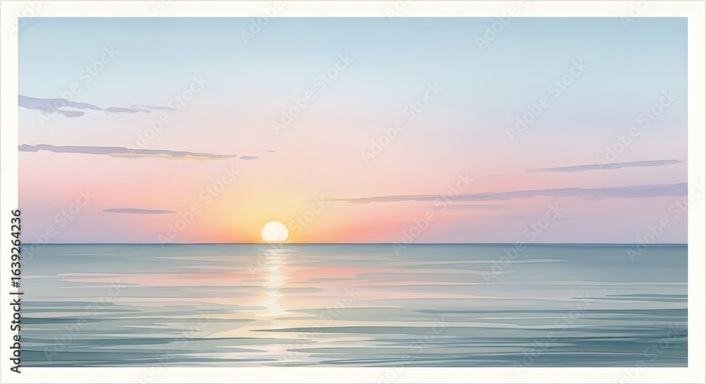 Fototapeta premium A serene watercolor seascape at sunset features a golden sun on the horizon.