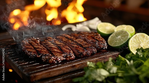Carne asada grill featuring sizzling marinated skirt steak with caramelized edges and lime garnish on wooden surface