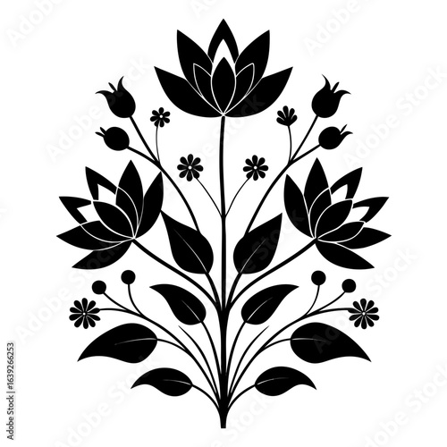 Black silhouette floral design with lotus flowers and leaves