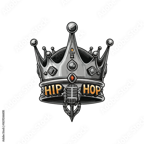 Stylish, metallic crown graphic with "HIP HOP" text and microphone, representing music genre.