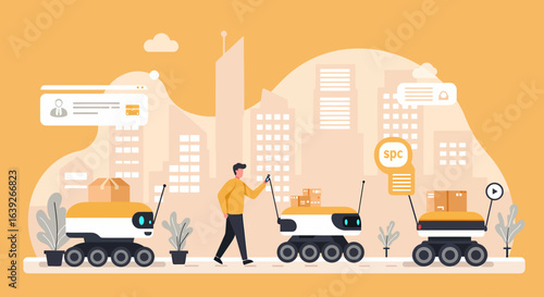 Modern Flat Illustration of Autonomous Delivery Robot System with Human Controller