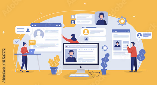 Flat Illustration Digital Communication Platform with Customer Support and Team Collaboration