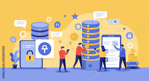 Minimalist Flat Style Illustration of Team Building Cloud Database Management