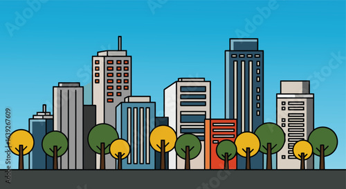 Urban Skyline Illustration: An eye-level view showcases a vibrant urban skyline, dotted with contemporary buildings set against a clear blue sky. A testament to modern architecture and urban planning.