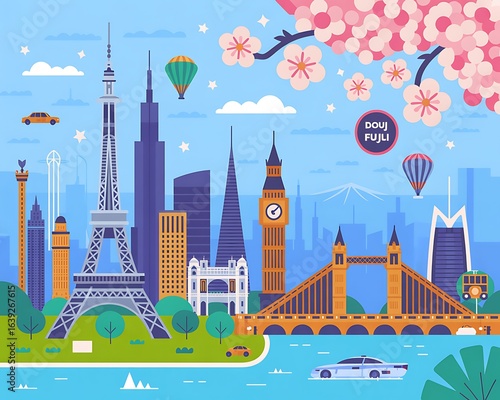 Famous world landmarks collage with cherry blossoms and hot air balloons