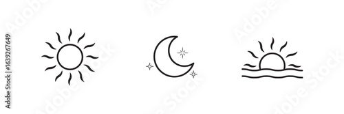 Weather flat icons set. Parts of the Day Morning, Afternoon, Noon, Evening ,Night Icons. Sunset and Night Icons, Simple glyph silhouette signs for web. eps 10