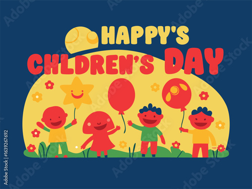 Cheerful Children's Day card showing children enjoying playtime in a lively park environment.