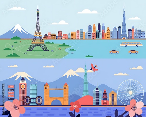 Famous landmarks from around the world in a stylized illustration