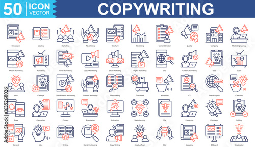 Copywriting Icon Set Collection Concept With Icon Of Newspaper, Catalog, Advertising, Brochure, Marketing, Content Creator, Quality, Company, Agency, Mobile icon.