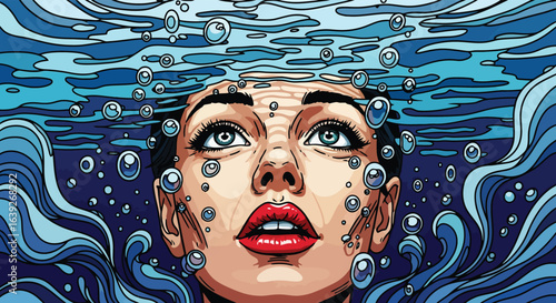Submerged in Dreams: A vibrant artistic interpretation captures a woman's face as she looks towards the surface through water, surrounded by bubbles. This imagery of dreams and serenity
