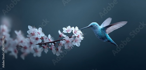 Luminous hummingbird delicately sipping nectar from shadowed blossoms under night sky