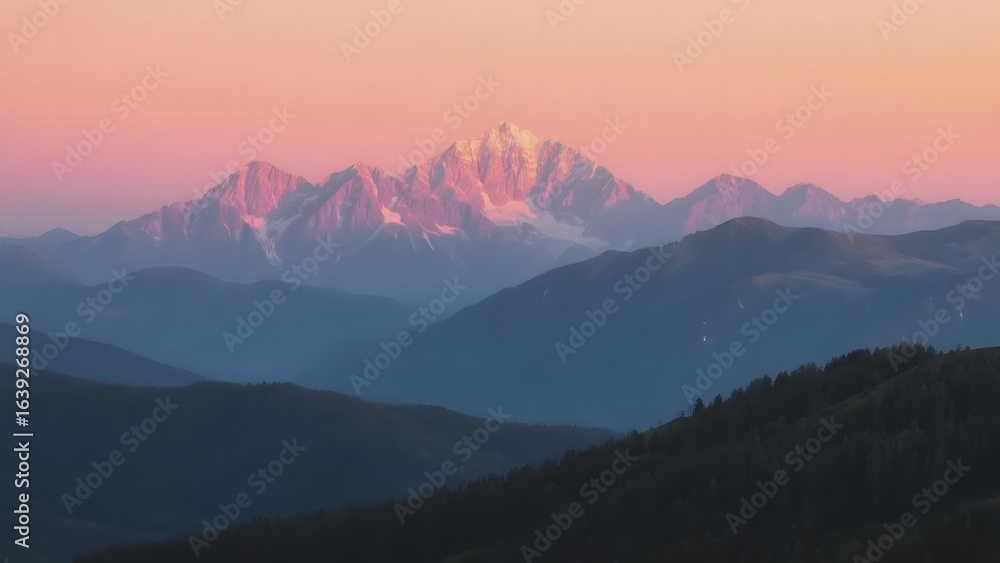 Obraz premium Sunset Over Snow-Capped Mountains with Layered Hills