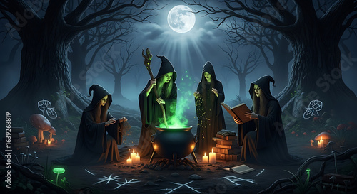 A group of witches gathered around a cauldron under the moonlight in a dark and spooky forest