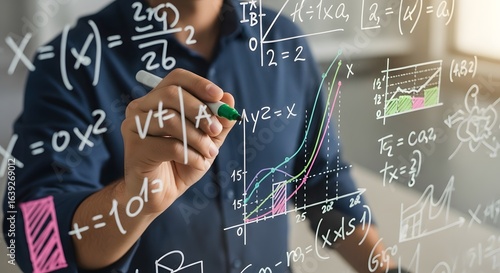 A person writing mathematical formulas and graphs on a transparent surface.